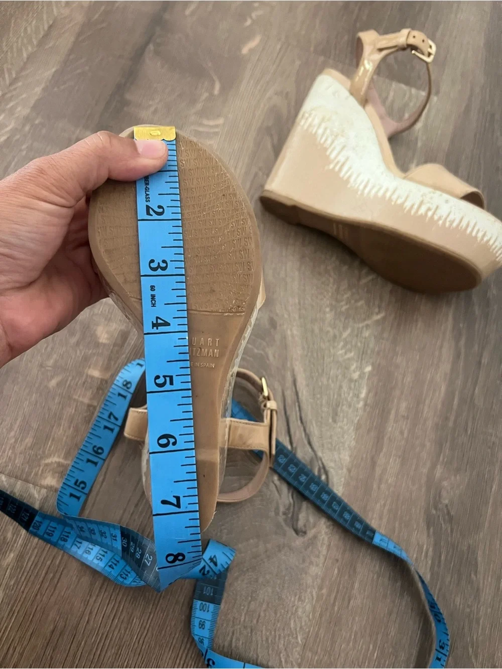 Stuart Weitzman Patent Tan Platform Wedge Sandals - Picture 13 of 13